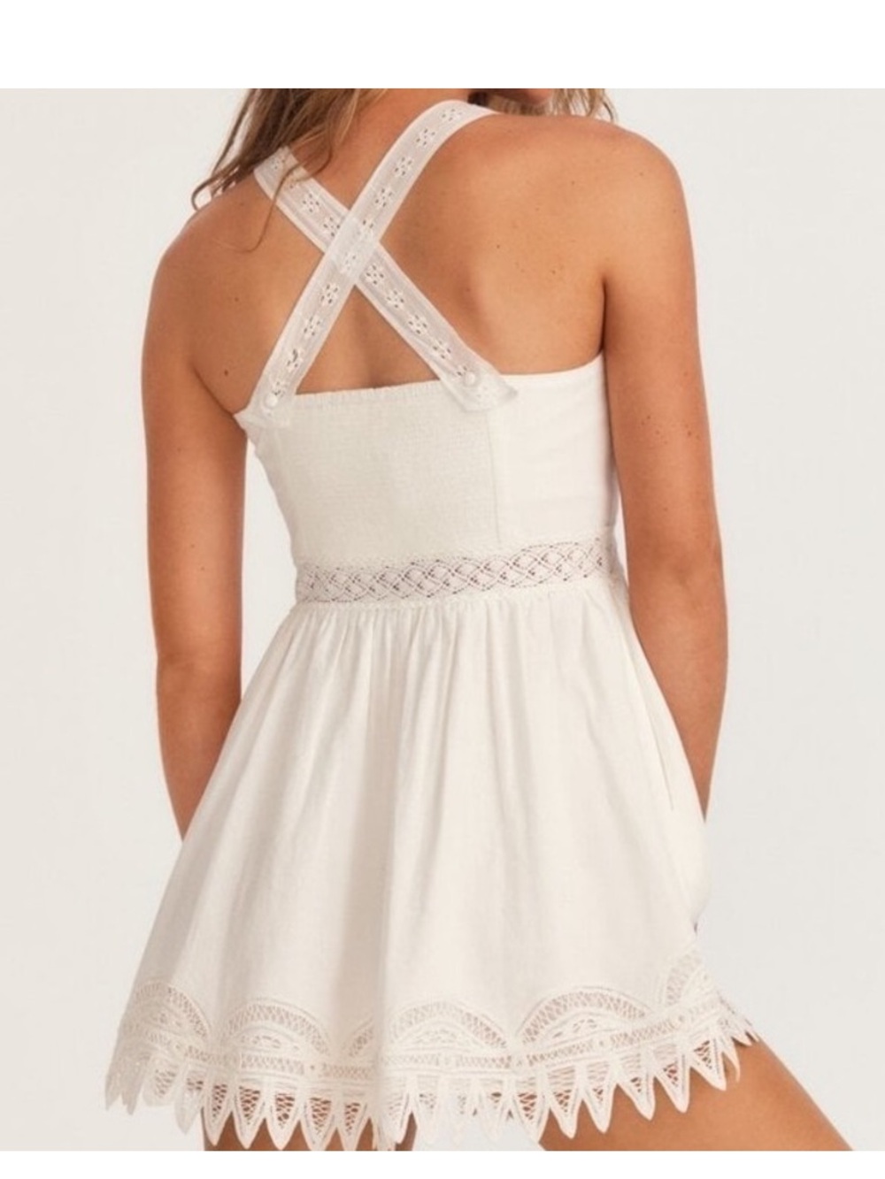 NWT White Eyelet Lace Mini Dress Cross Back Pockets Cottagecore Size Large. - Picture 5 of 14